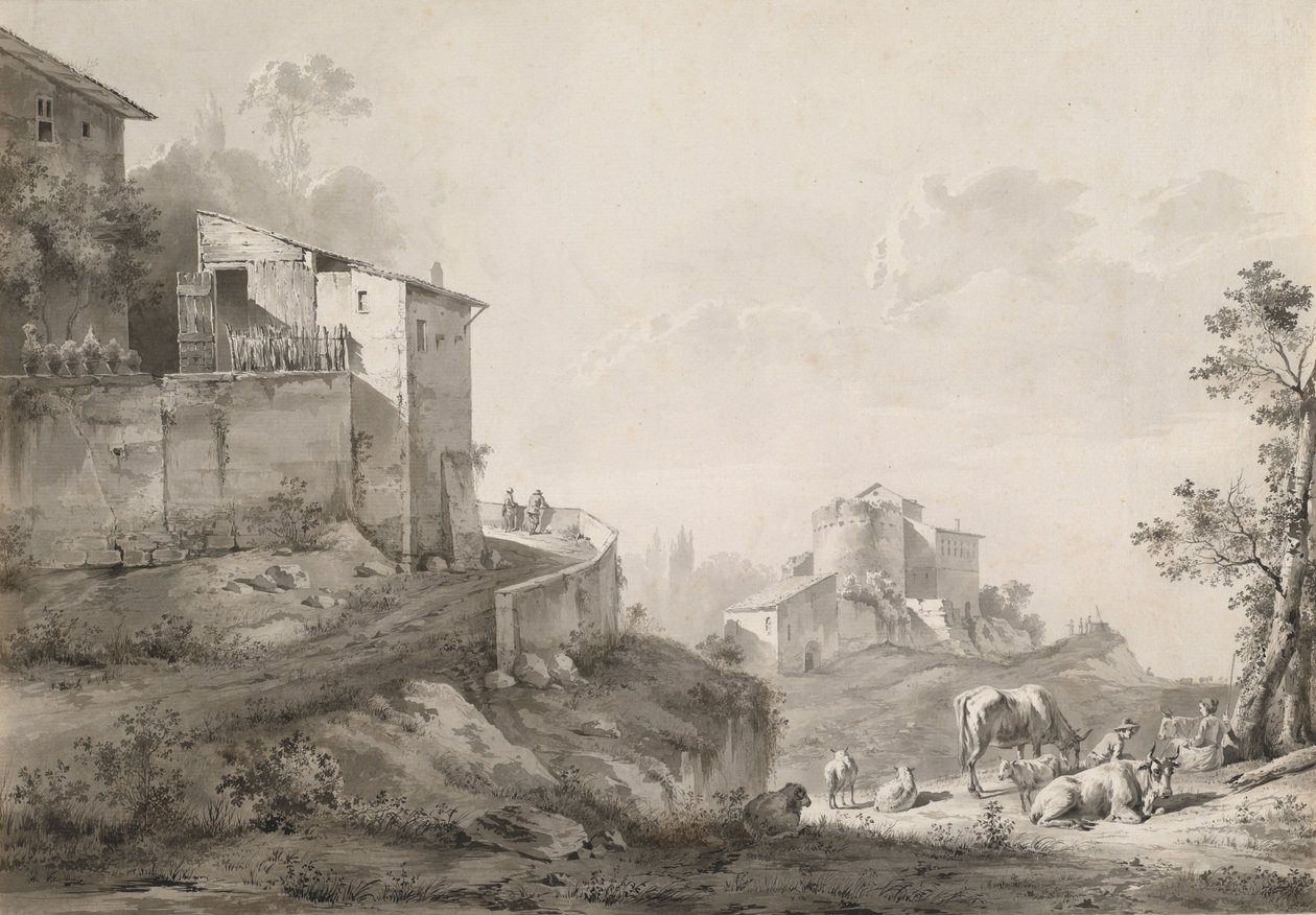 Un paisaje soleado con casas en la cima de una colina de Jean Jacques de Boissieu