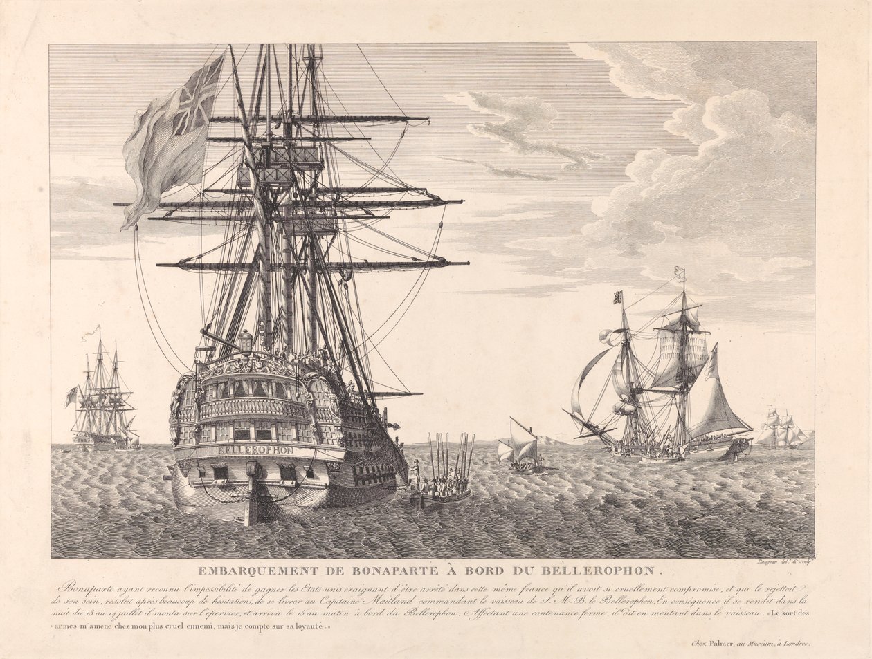 Napoleón rindiéndose al capitán Frederick Lewis Maitland el 15 de julio de 1815, c.1815 (aguafuerte) de Jean Jerome Baugean