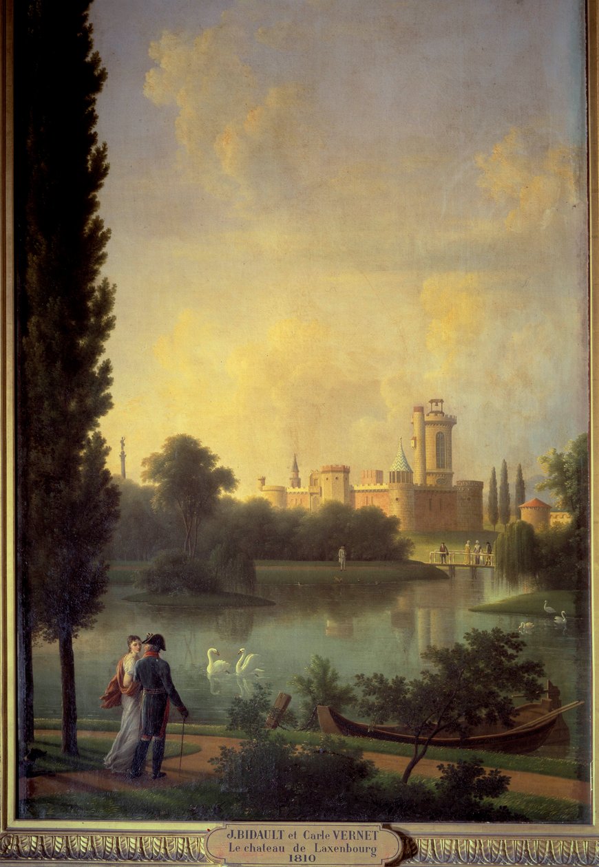 El castillo de Laxembourg (Austria), en primer plano el emperador de Austria y la archiduquesa María Luisa de Jean Joseph Bidault