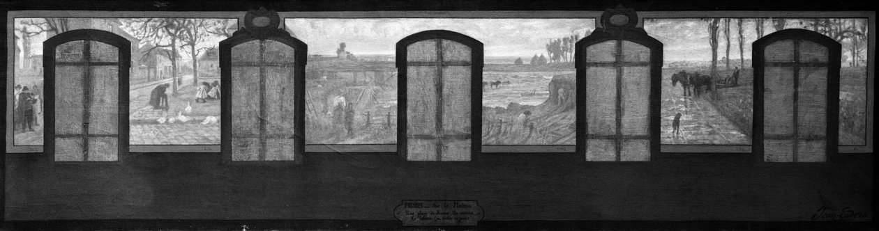 Boceto para el ayuntamiento de Fresnes: En la meseta, Una plaza en Fresnes. Las canteras. Arar al final del día de Jean Joseph Enders