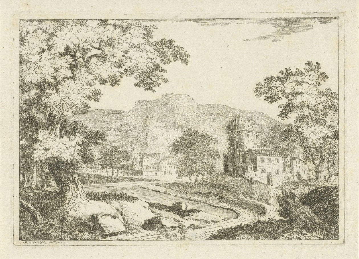 Paisaje fluvial con casas y torres. de Jean Joseph Hanson