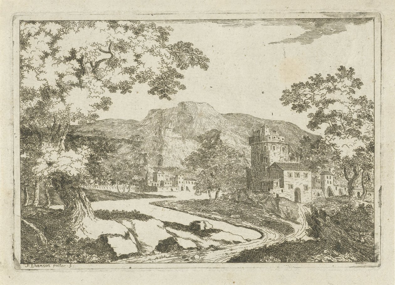 Paisaje fluvial con casas y torres. de Jean Joseph Hanson