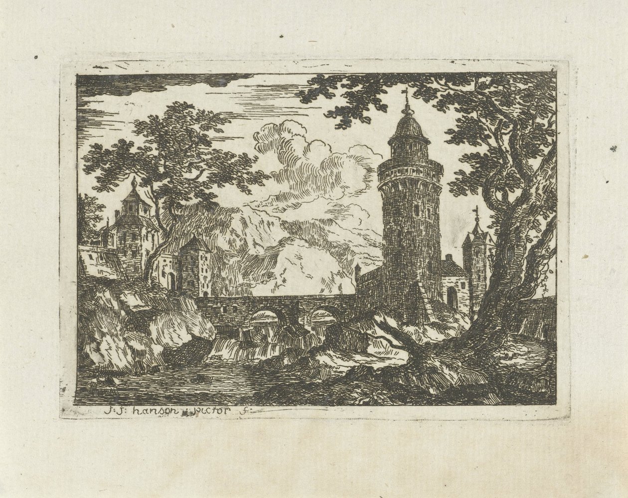 Torre y puente de piedra en un paisaje de montaña de Jean Joseph Hanson