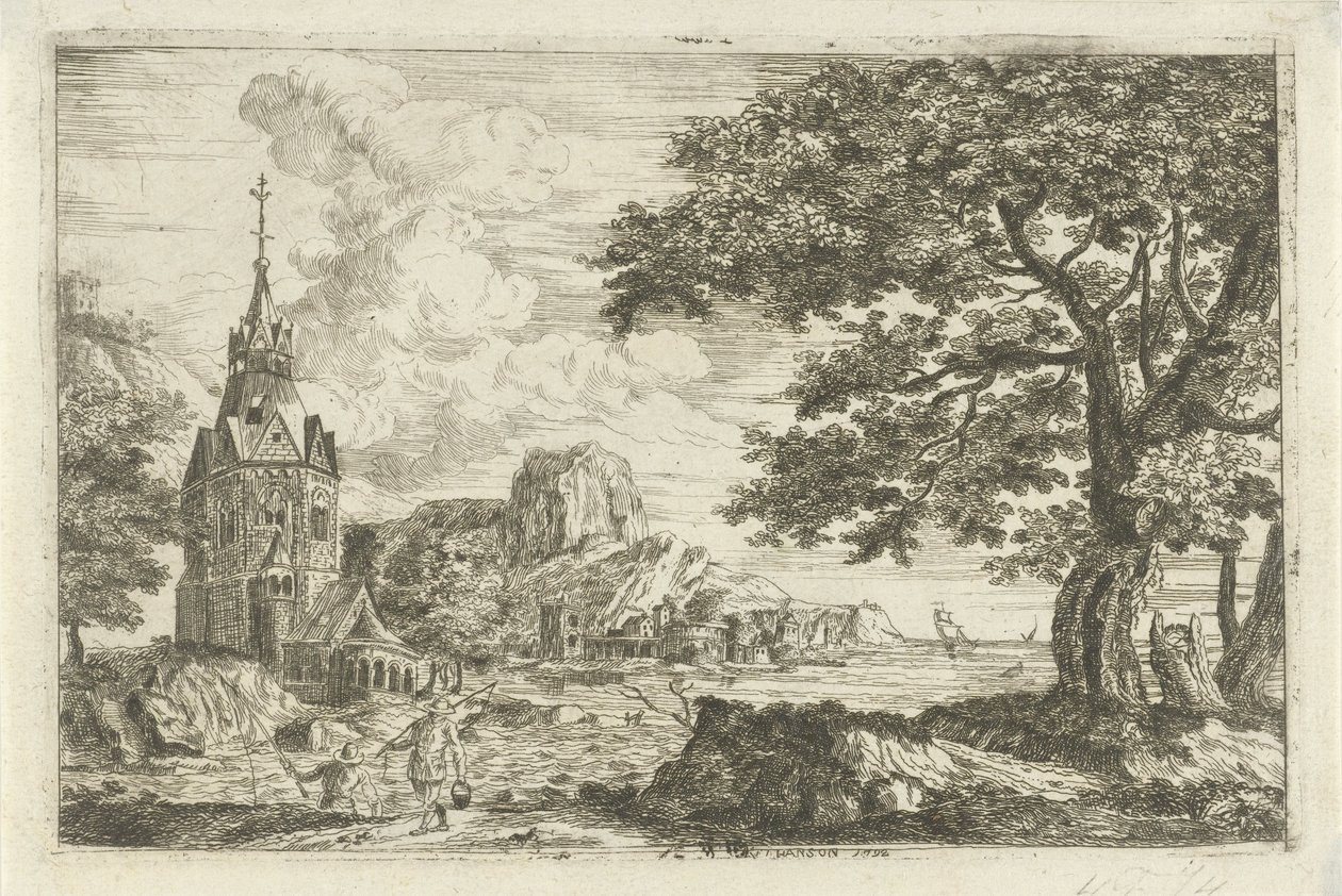 Pescadores en una iglesia en una costa de Jean Joseph Hanson