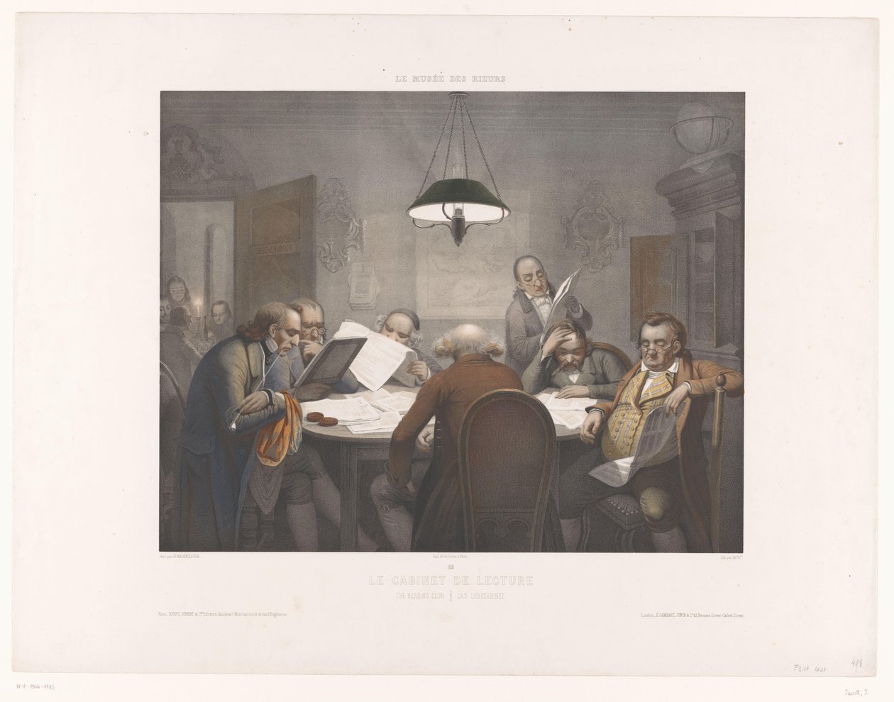 Gabinete de lectura con hombres lectores en una mesa redonda Le cabinet de conference / The Reading Club / Das Lescabinet (título sobre el objeto) Museo de las Risas (título de la serie) Le musée des rieurs (título de la serie sobre el objeto) de Jean Julien Jacott