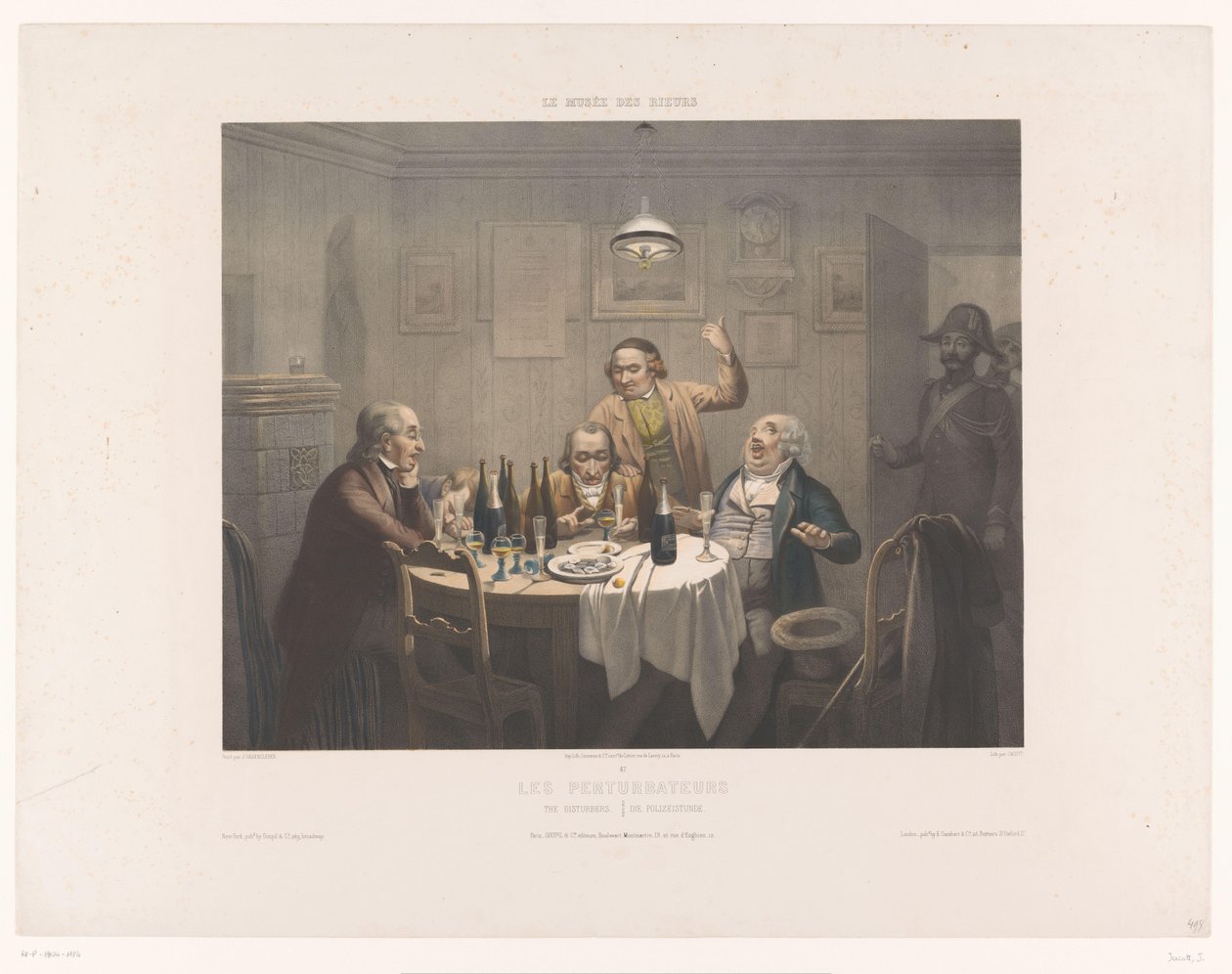 La policía interrumpe a un grupo de hombres bebiendo Les perturbateurs / The Disturbers / Die Polizeistunde (título sobre el objeto) Museo de las Risas (título de la serie) Le musée des rieurs (título de la serie sobre el objeto) de Jean Julien Jacott