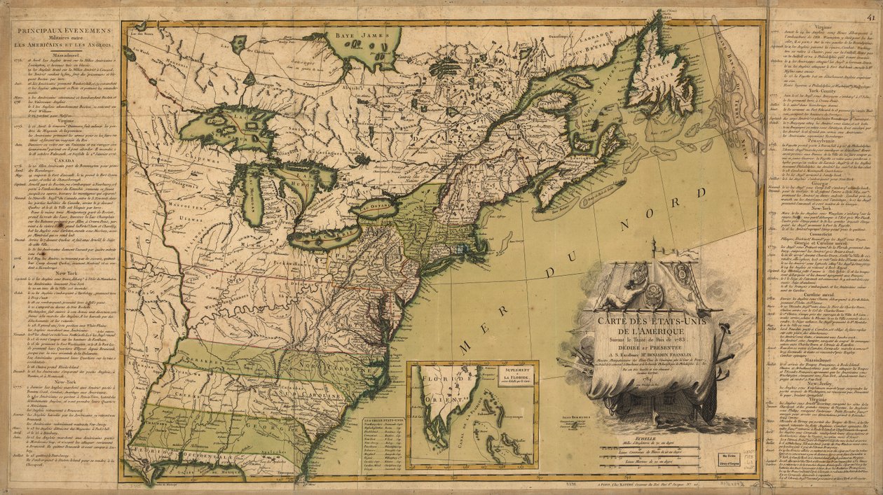 Mapa de los Estados Unidos de América tras el Tratado de Paz de 1783. de Jean Lattré