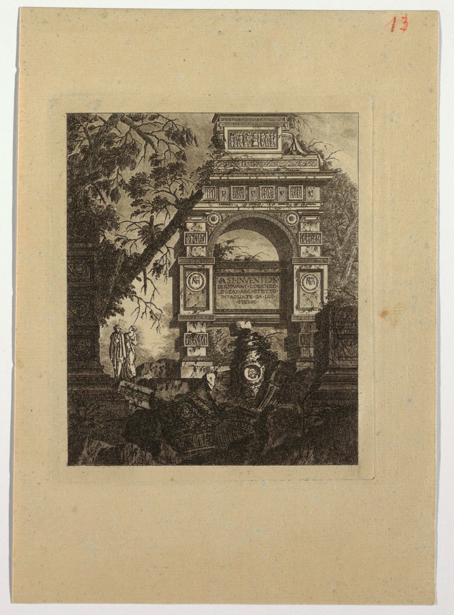 Frontispicio, vasi invención, de "Colección de diversos temas de jarrones, tumbas, ruinas y fuentes, útil para artistas..." de Jean Laurent Legeay