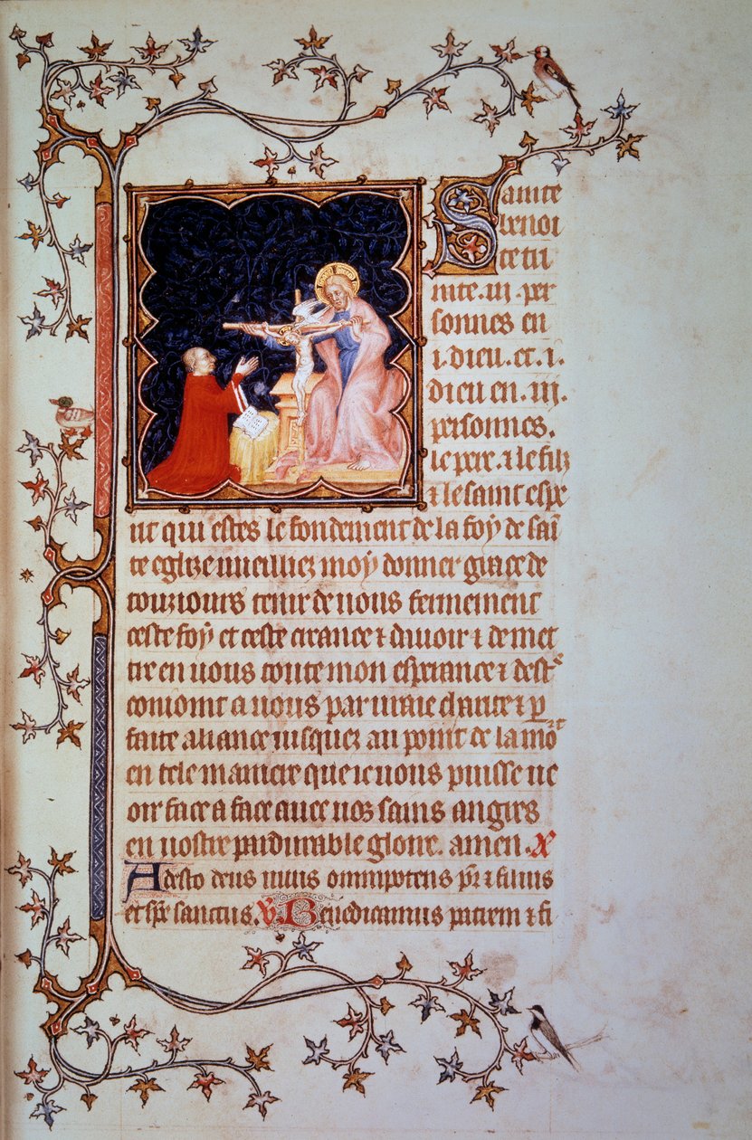 Duque Juan I de Berry ante la Santísima Trinidad. Miniatura tomada del manuscrito "Las Pequeñas Horas de Juan de Berry" iluminado por Juan el Negro, alrededor de 1375. París, B.N. de Jean Le and workshop (attr. to) Noir