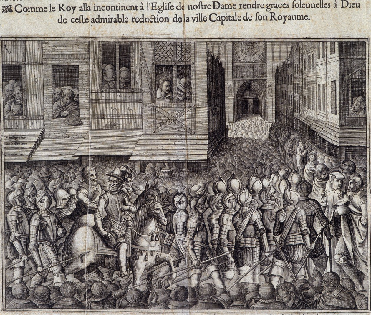 Entrada de Enrique IV (1553 - 1610) en París el 22 de marzo de 1594 y yendo a la Catedral de Notre Dame para asistir a misa - Grabado por Jean Lecler, después de Bollery, Museo de Notre Dame de París de Jean Leclerc