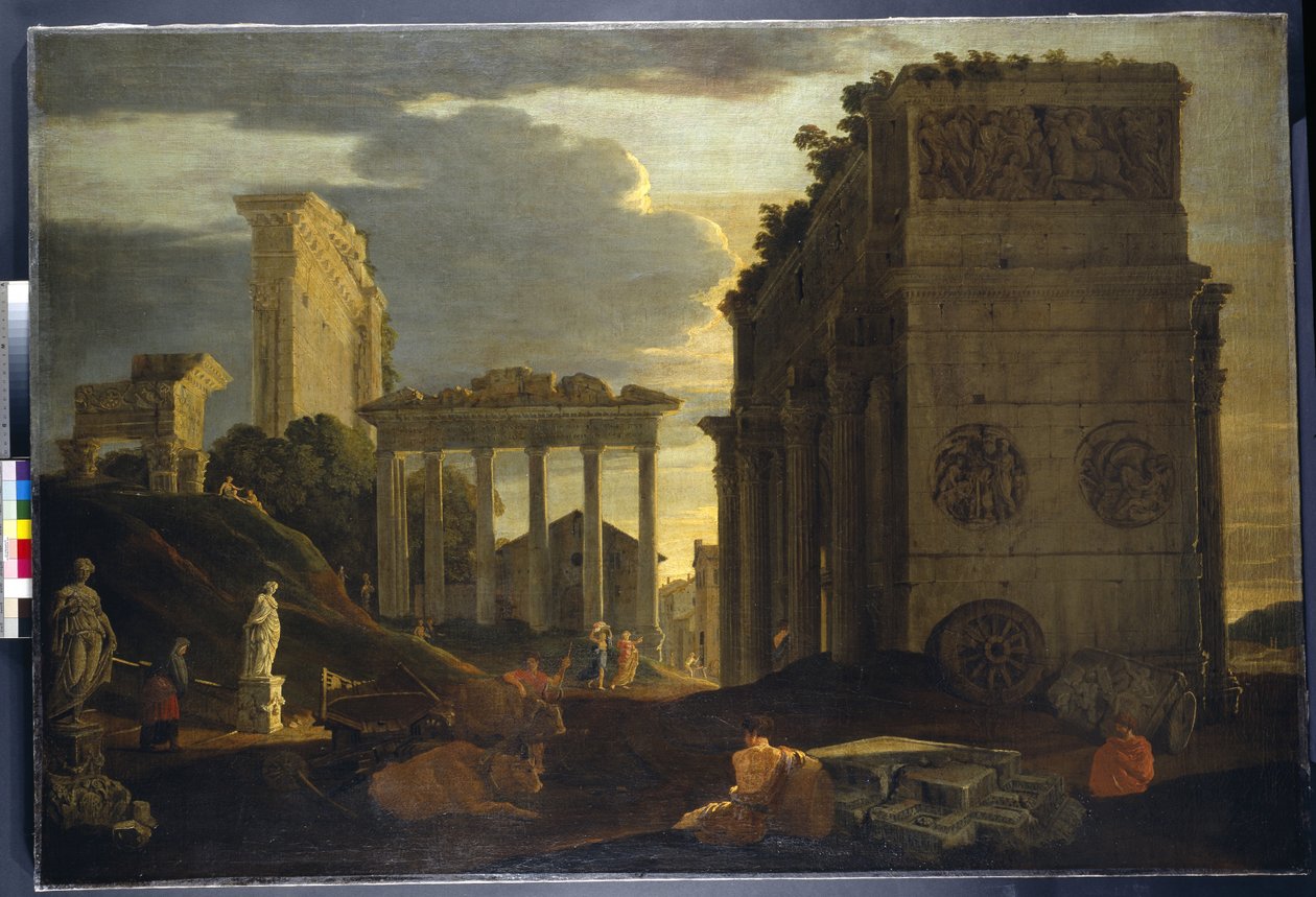 Vista caprichosa con figuras junto a un arco triunfal y los Templos de Saturno y Júpiter Tonante de Jean Lemaire