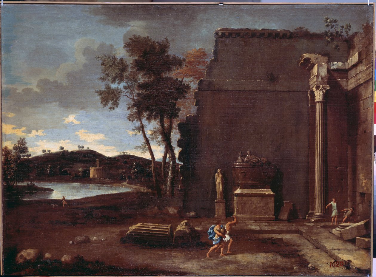 Paisaje con sarcófago. Pintura de Jean Le Maire (1597-1659). Arte francés, óleo sobre lienzo. Museo del Hermitage, San Petersburgo de Jean Lemaire