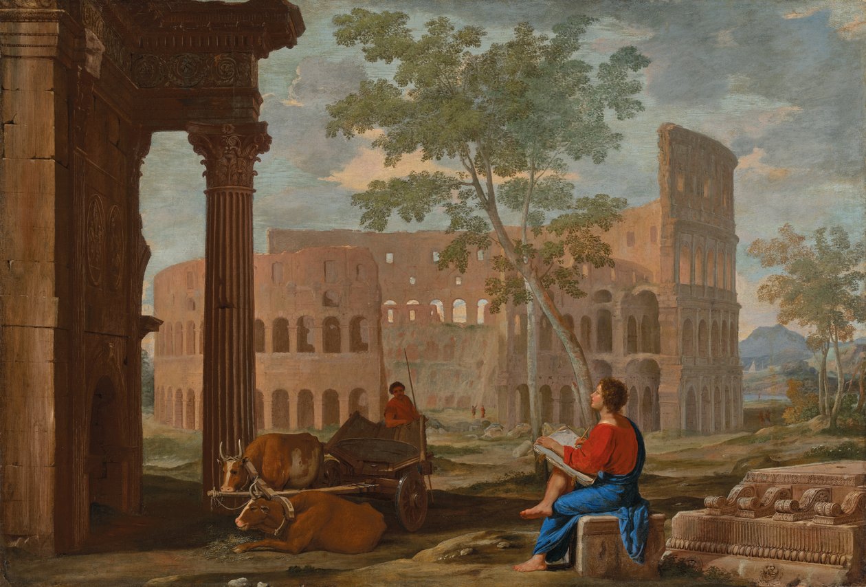 El Coliseo, con un artista dibujando (óleo sobre lienzo) de Jean Lemaire