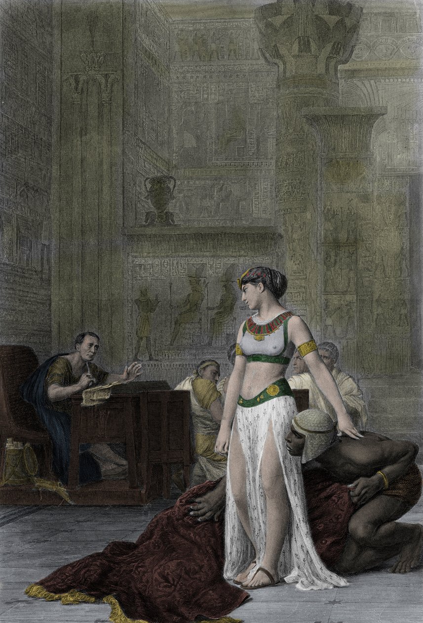 La Reina de Egipto Cleopatra VII Thea Philopator (69-30 a.C.) y Julio César (100-44 a.C.) - Cleopatra ante Julio César en la obra de Shakespeare, Antonio y Cleopatra, después de la pintura de Jean Léon Gérôme de Jean Leon (after) Gerome