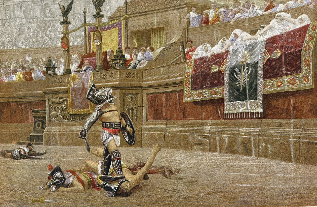Gladiadores en la arena romana: los espectadores dan el "pulgar hacia abajo", señalando al vencedor que no perdone a su adversario. Cromolitografía según el cuadro de JL Gerome. de Jean Leon Gerome
