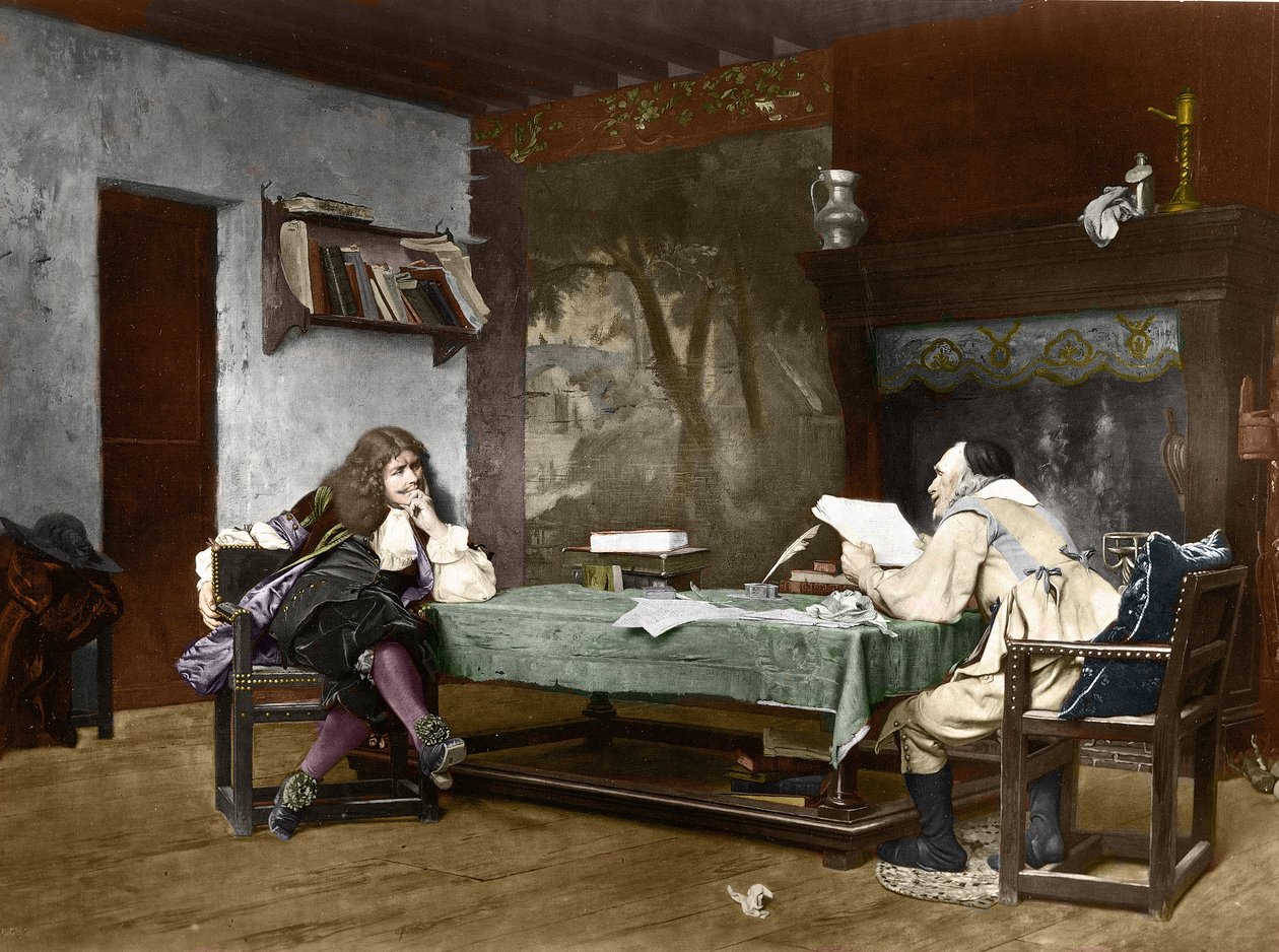 Los autores Jean-Baptiste (Jean Baptiste) Poquelin dit Moliere (1622-1673) y Pierre Corneille (1606-1684). Siglo XIX (litografía según el cuadro de Jean-Leon (Jean Leon) Gerome) de Jean Leon Gerome
