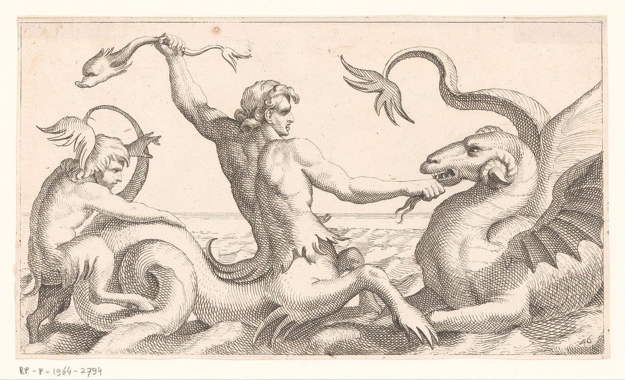 Tritón en batalla con un monstruo marino de Jean Lepautre (attributed to)