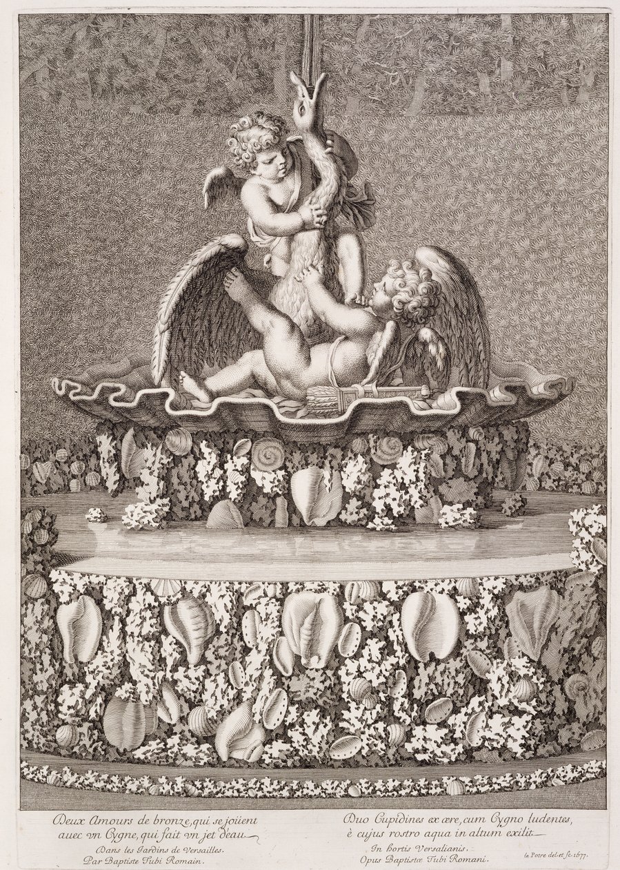 Fuente con dos cupidos y un cisne, diseñada por Jean-Baptiste Tuby, en Versalles de Jean Lepautre