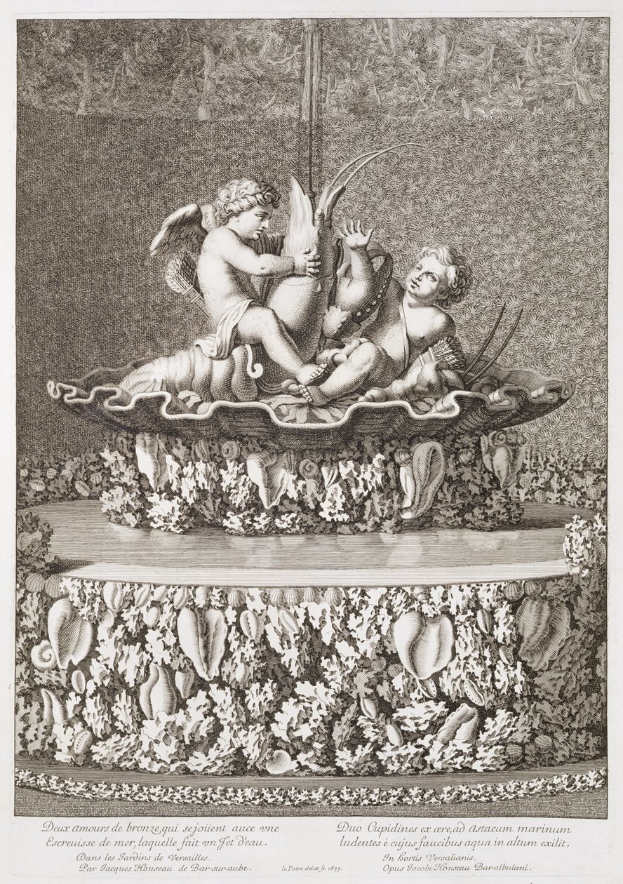 Fuente con dos cupidos montando un cangrejo de río, diseñada por Jacques Houseau, en Versalles de Jean Lepautre