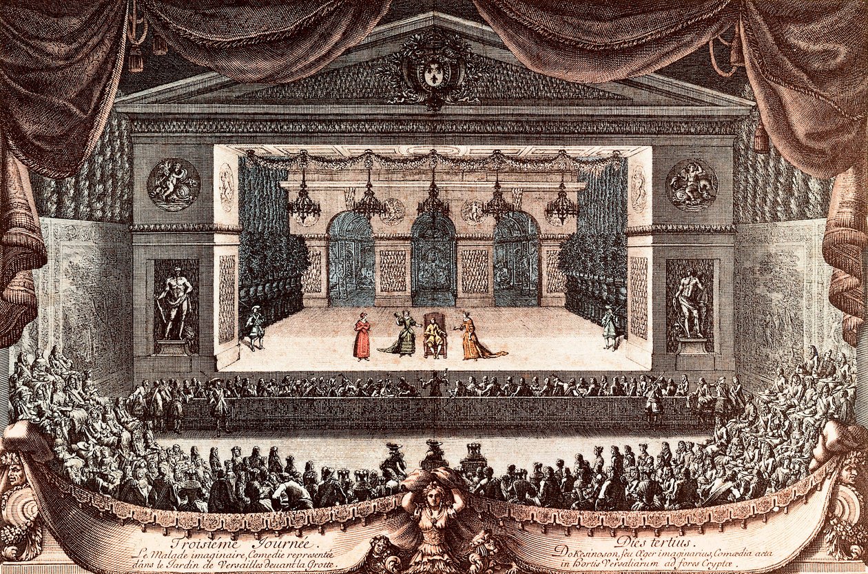 "Le malade imaginaire" (El enfermo imaginario) de Jean Baptiste Poquelin dit Molière en Versalles (grabado en color) de Jean Lepautre