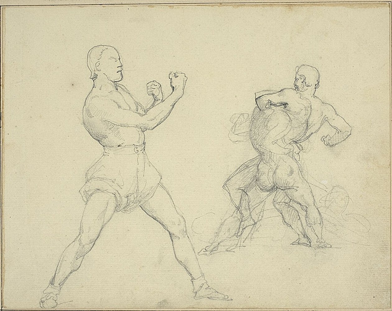 Boxeador mirando a la derecha y dos hombres luchando de Jean Louis André Théodore Géricault