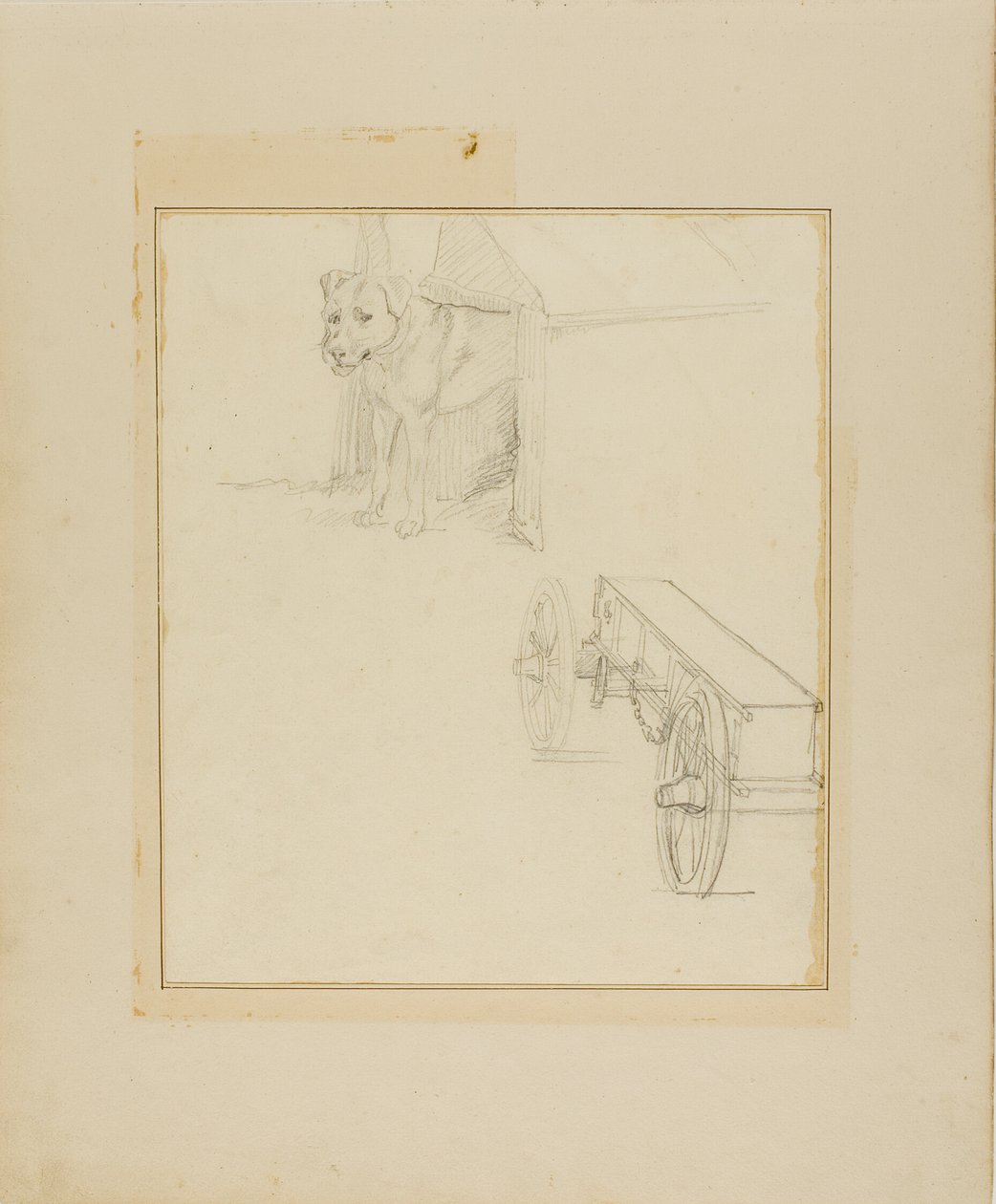 Perro de pie en una perrera y estudio de un carro de municiones de Jean Louis André Théodore Géricault