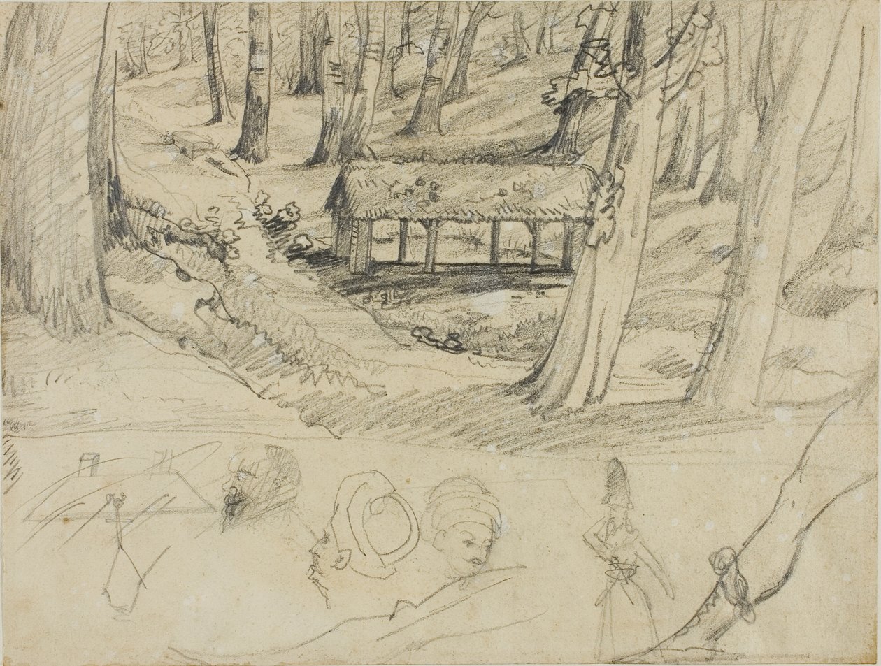 Interior de bosque con cabaña de paja y otros bocetos de Jean Louis André Théodore Géricault