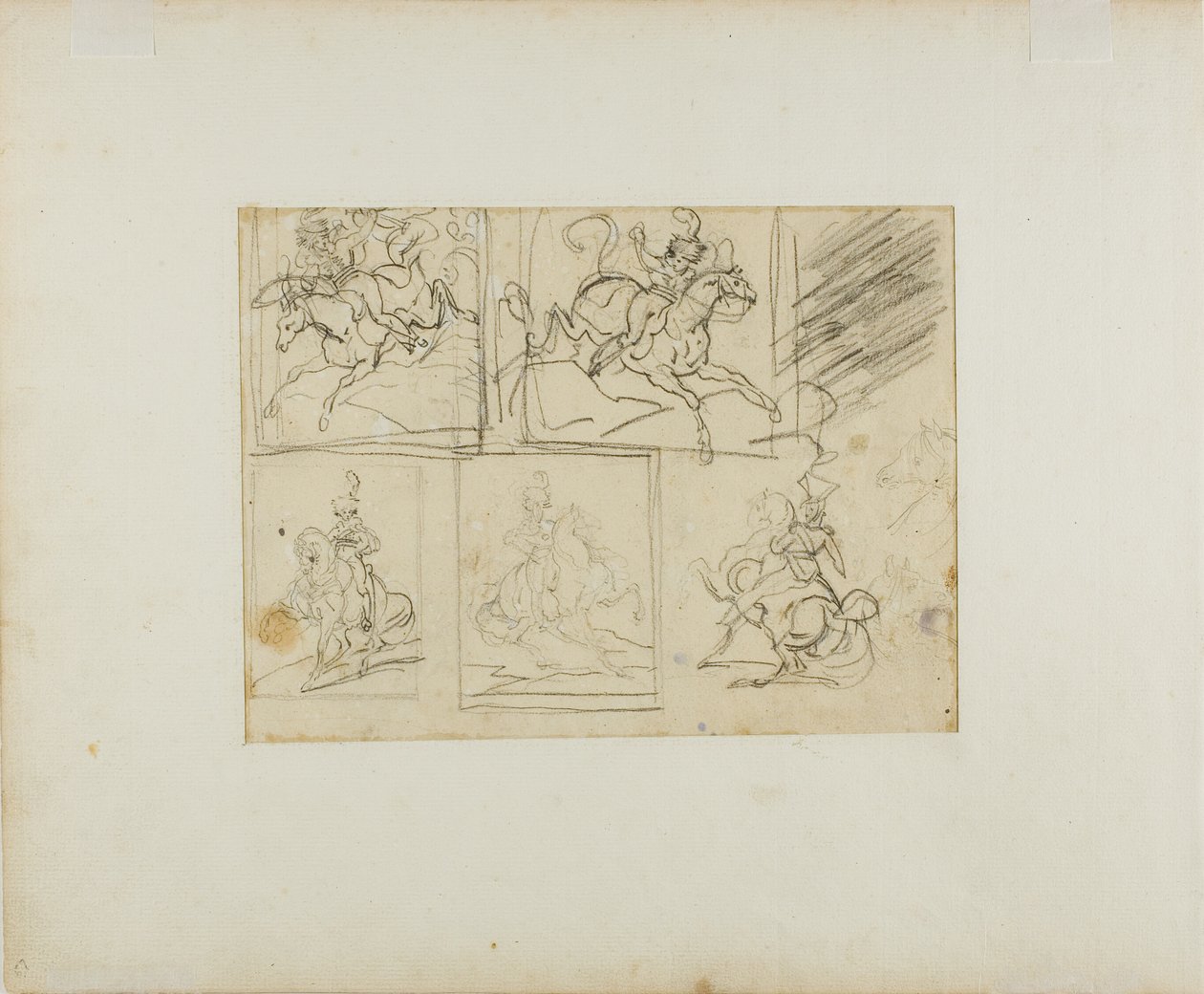 Cuatro esbozos de un trompetista a caballo y un lancero polaco de Jean Louis André Théodore Géricault