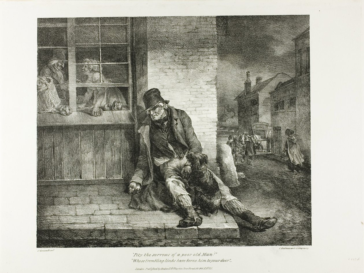 Pity the Sorrows of a Poor Old Man!... plate 2 from Various Subjects Drawn from Life and on Stone (La Suite Inglesa) de Jean Louis André Théodore Géricault
