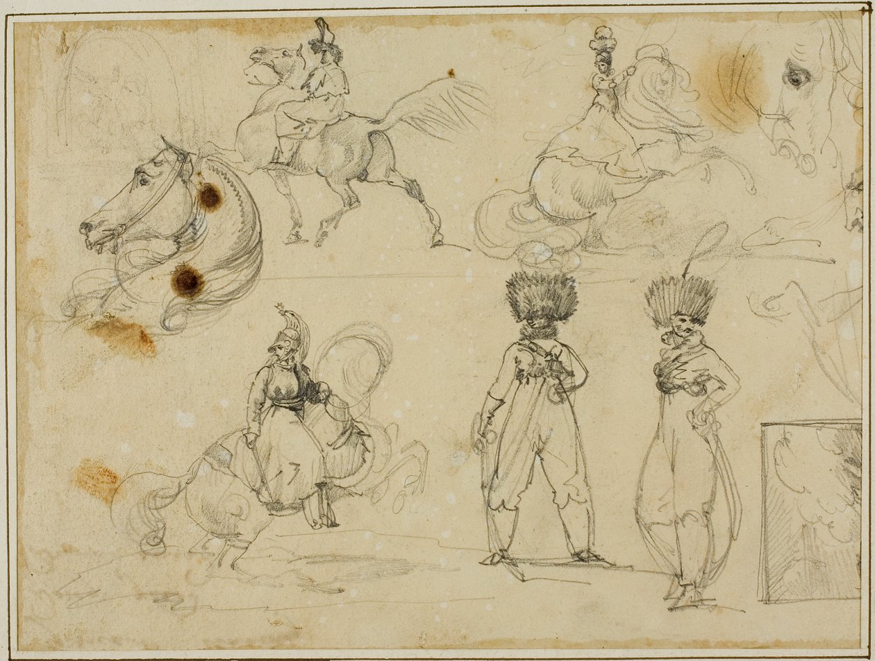 Hoja de bocetos: Soldados, caballos y un paisaje de Jean Louis André Théodore Géricault