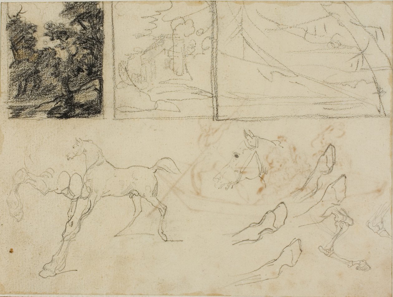 Hoja de bocetos: tres paisajes, caballos y pezuñas de Jean Louis André Théodore Géricault