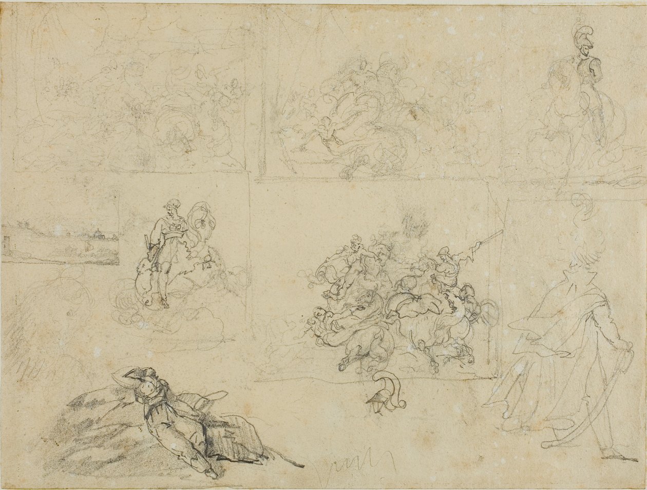 Bocetos de un combate de caballería, soldados y un paisaje de Jean Louis André Théodore Géricault