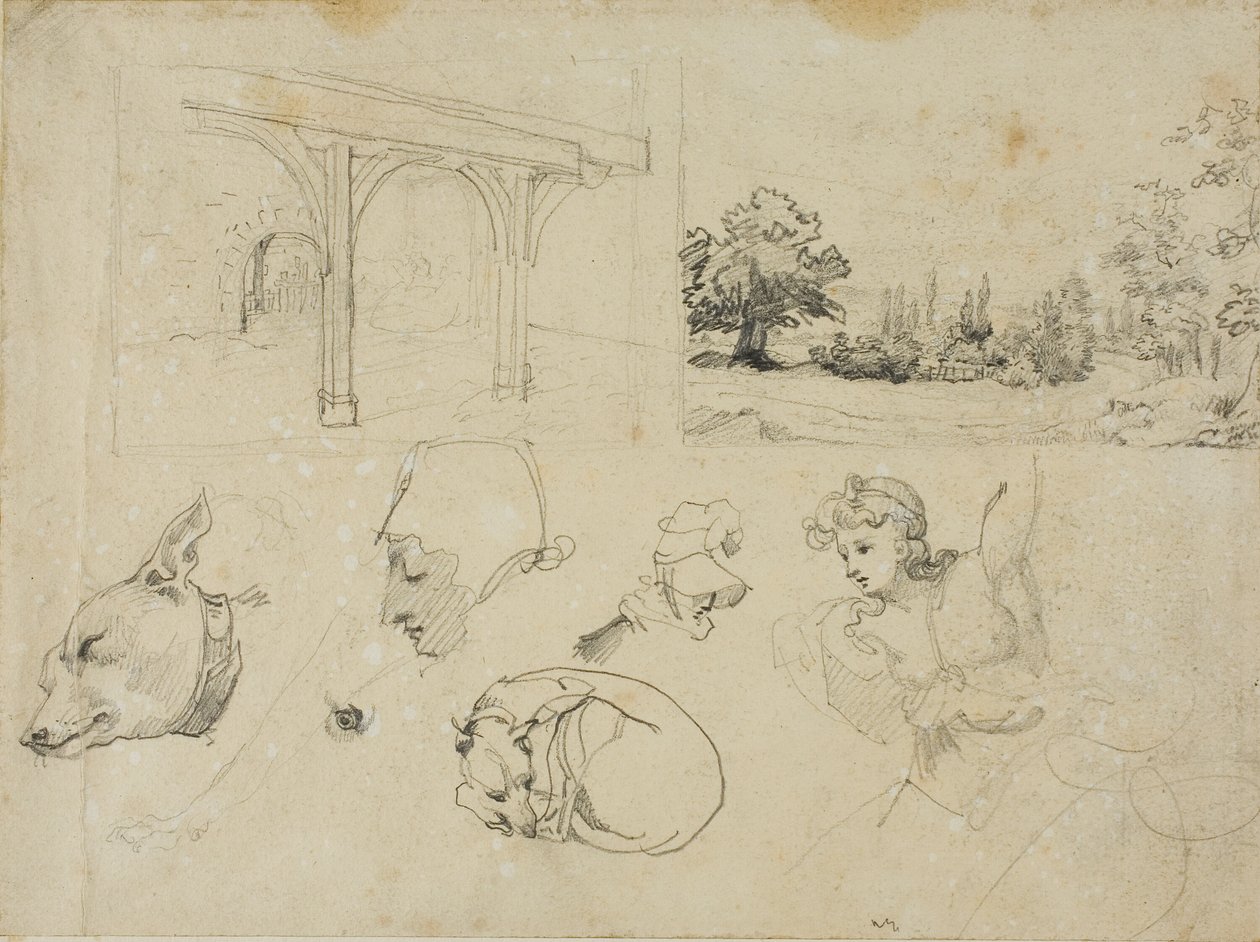 Bocetos de un cobertizo, un paisaje, perros y varias figuras de Jean Louis André Théodore Géricault