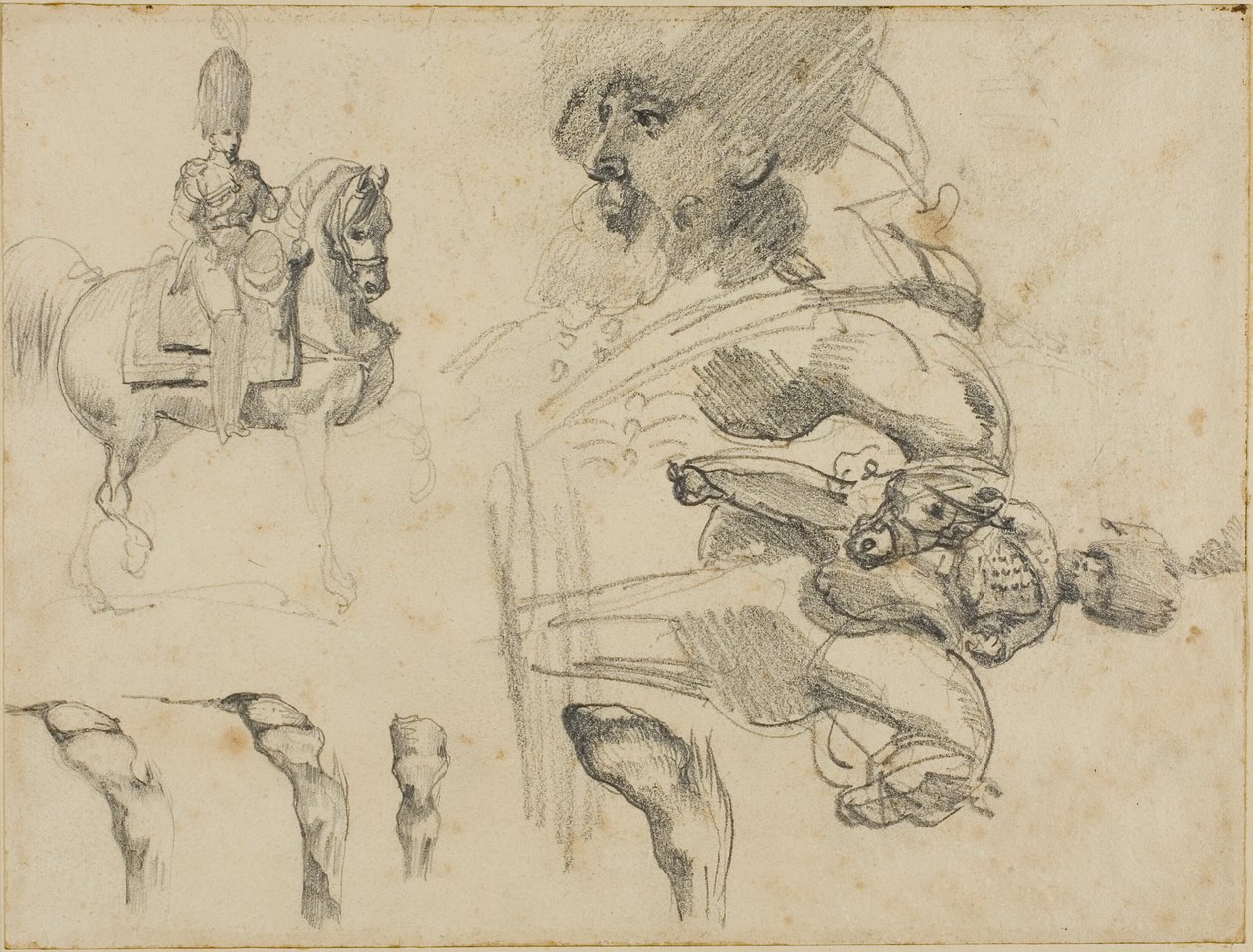 Bocetos de caballos, soldados y pezuñas de Jean Louis André Théodore Géricault