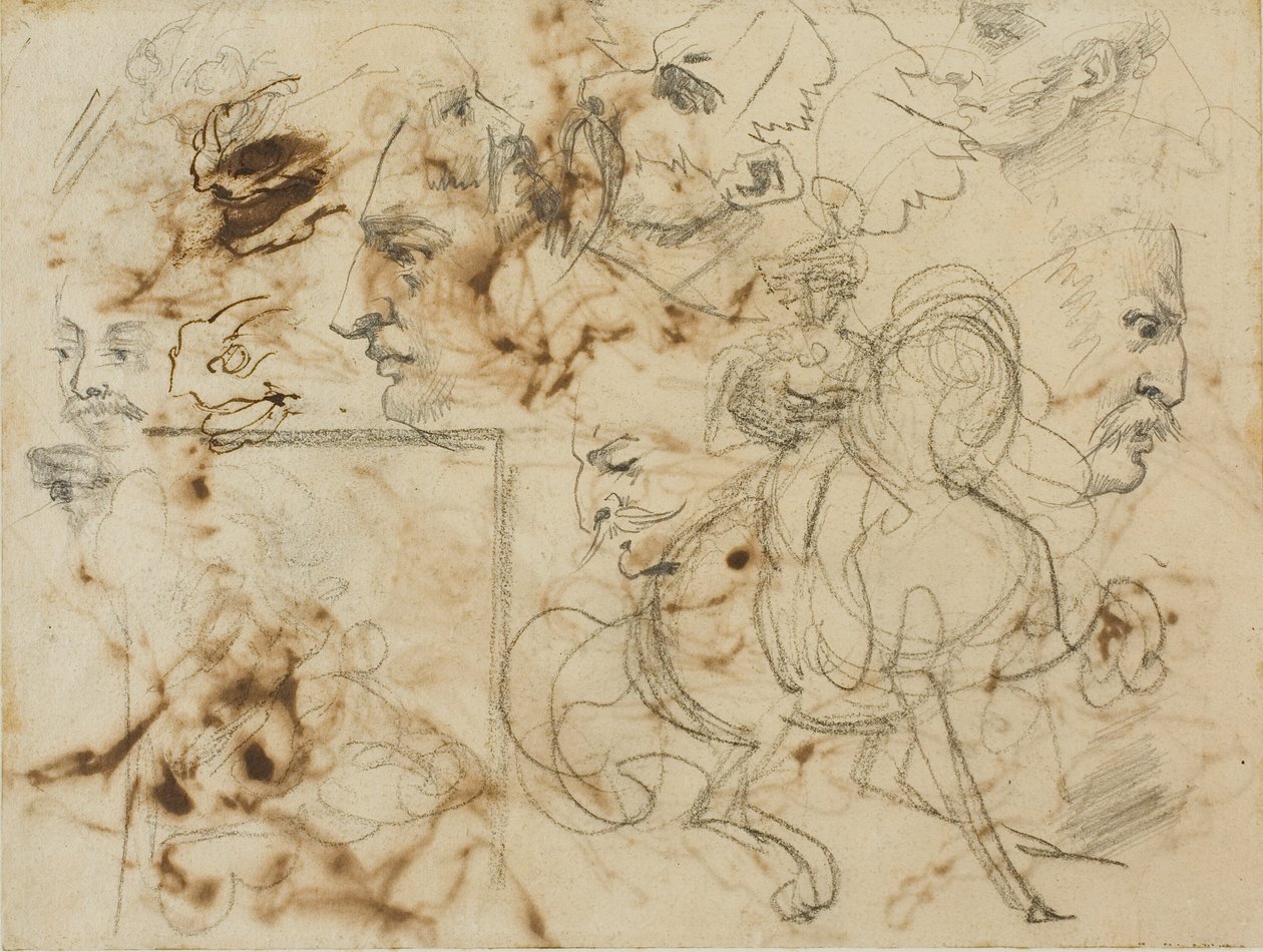Bocetos de rostros de hombres, hocicos de caballos y soldados montados de Jean Louis André Théodore Géricault