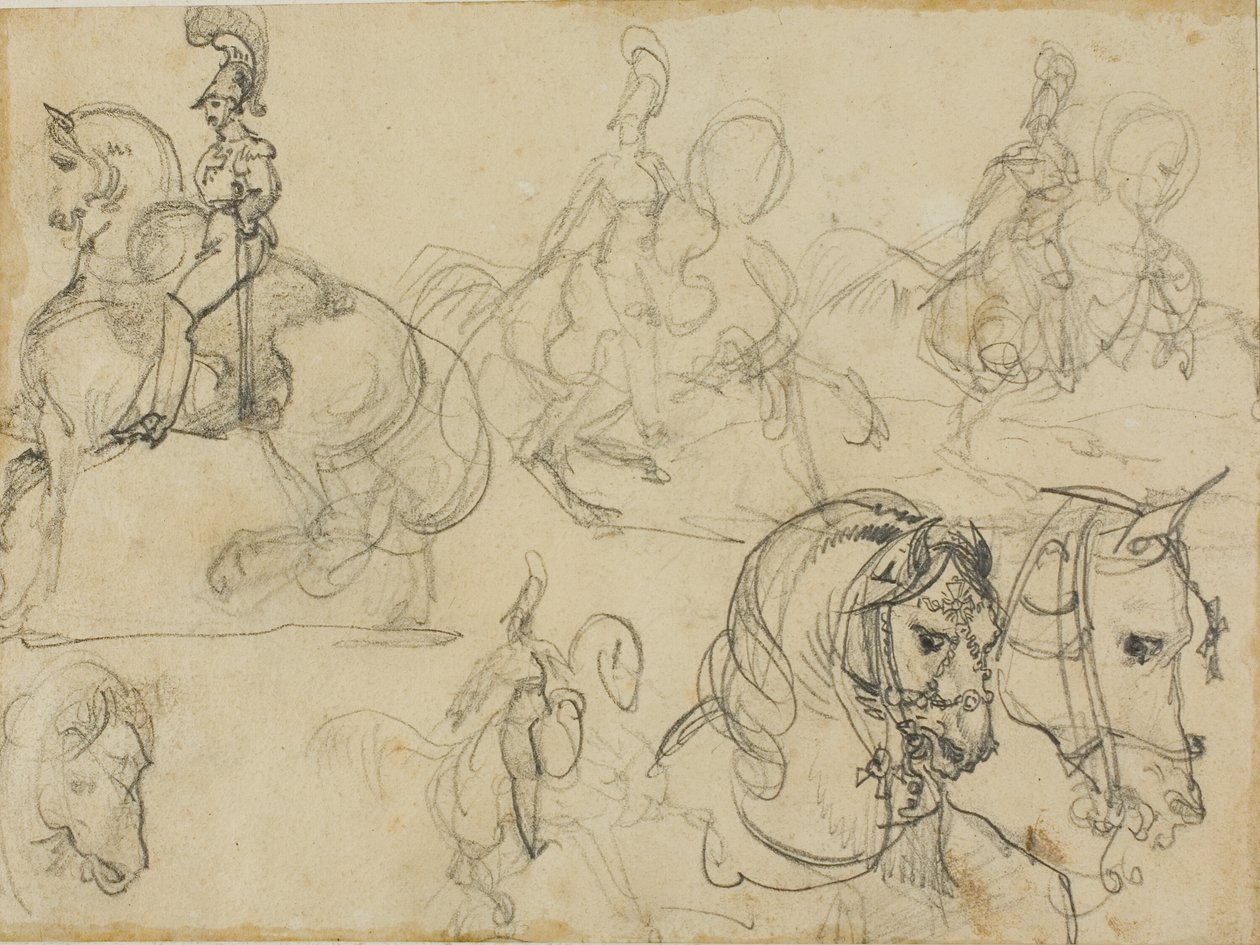 Bocetos de carabineros montados y cabezas de caballos de Jean Louis André Théodore Géricault