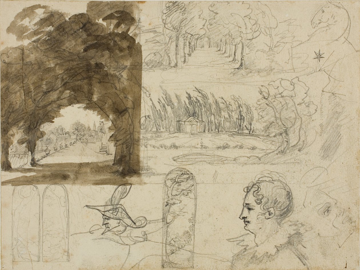 Bocetos de vistas de parques, cabezas, un caballo de Jean Louis André Théodore Géricault
