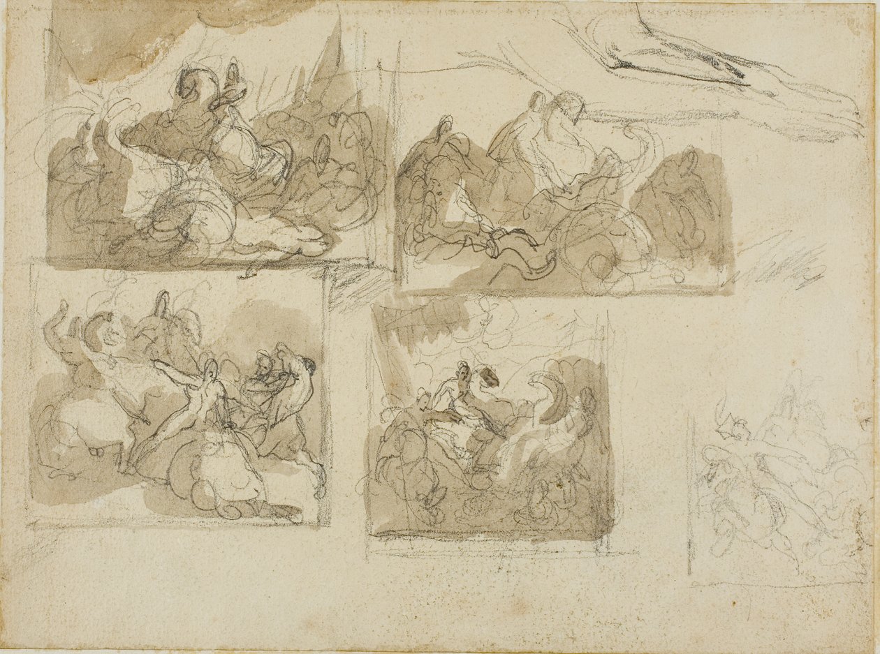 Bocetos de un combate de caballería y las patas delanteras de un perro de Jean Louis André Théodore Géricault
