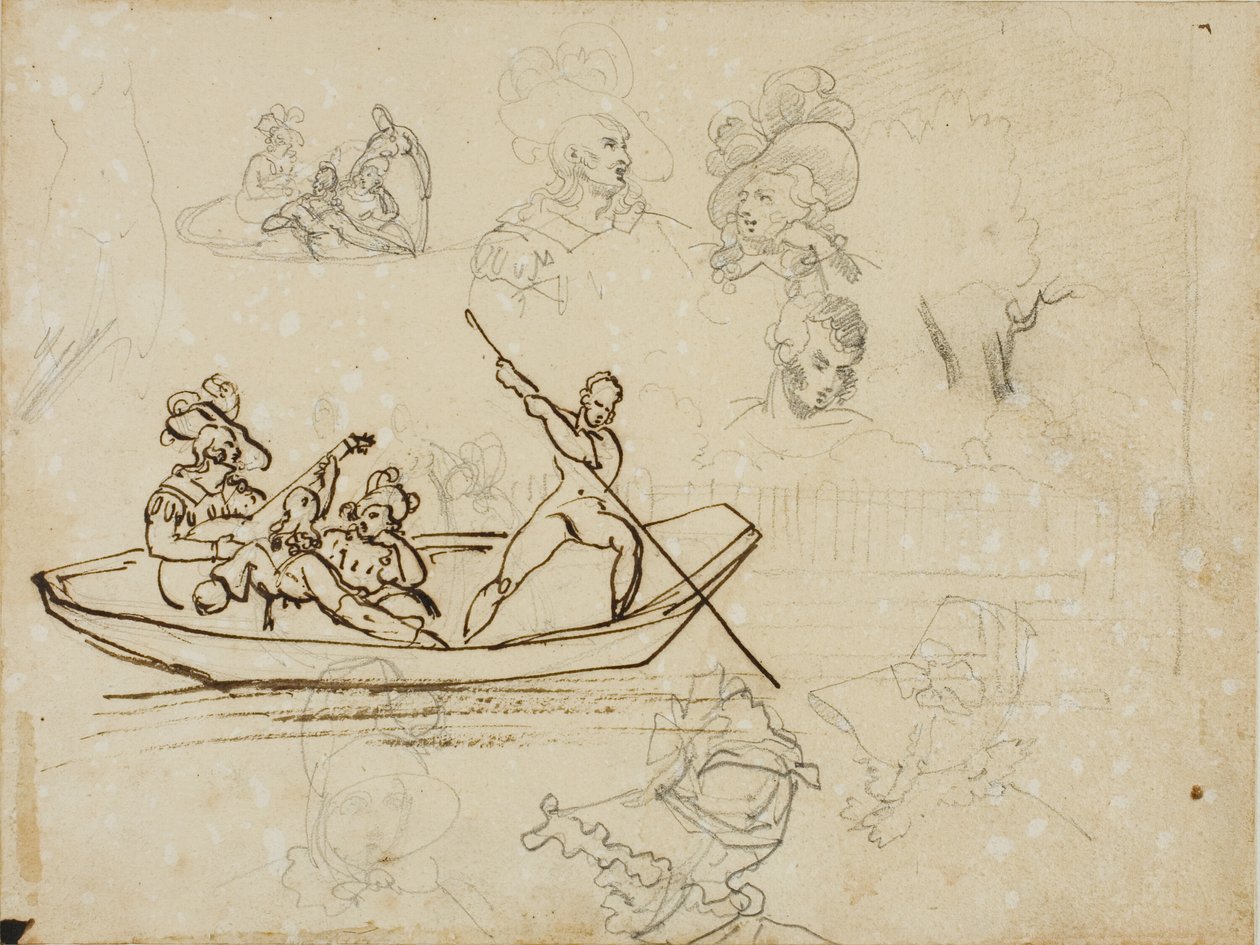 Bocetos de una fiesta musical en barco y de una mujer con sombrero alto de Jean Louis André Théodore Géricault