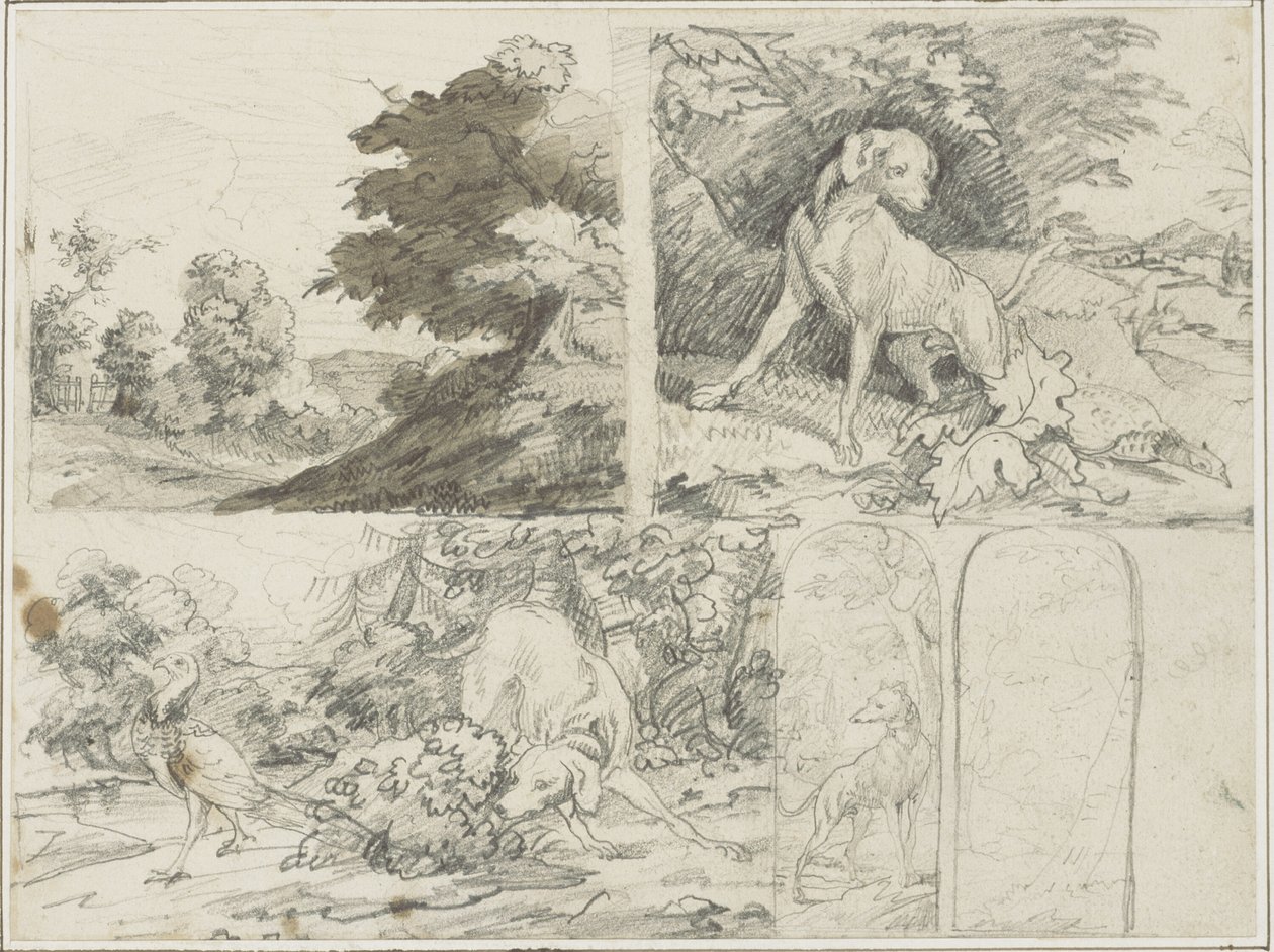Bocetos de un paraje boscoso, Perros y faisanes en el paisaje de Jean Louis André Théodore Géricault