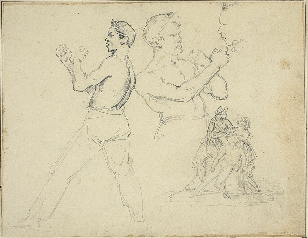 Estudios de boxeadores y boceto de jinete atendido por dos figuras de Jean Louis André Théodore Géricault