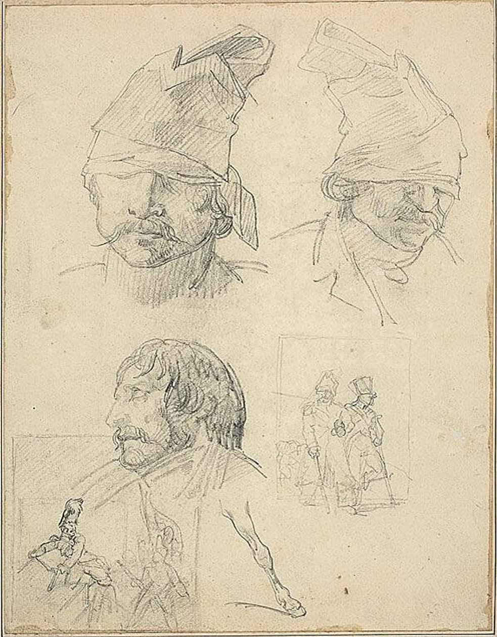 Estudios de cabezas y dos estudios de composición de Jean Louis André Théodore Géricault