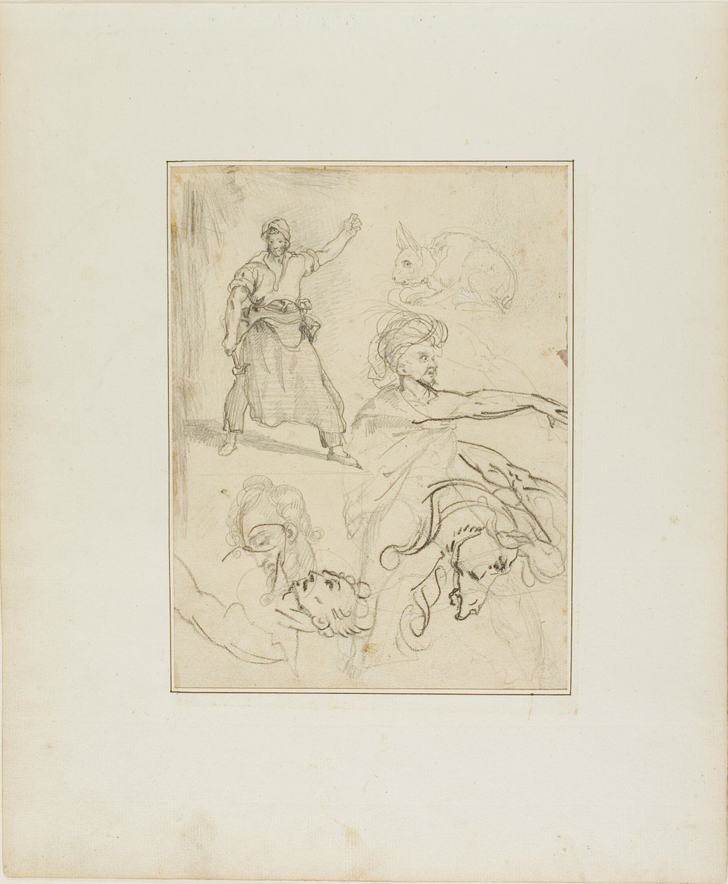 Estudios de un herrero y una cabeza de caballo con bocetos de otras figuras y un conejo de Jean Louis André Théodore Géricault