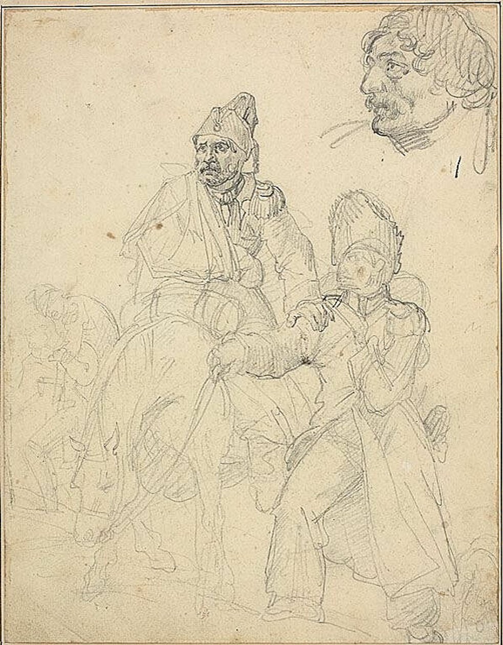Estudio de grupo de figuras, con detalle de la cabeza del granadero de Jean Louis André Théodore Géricault