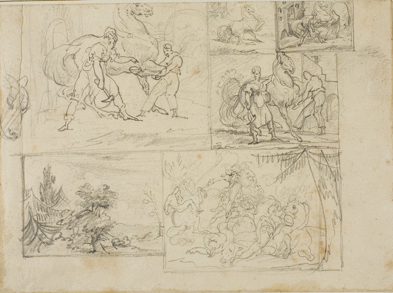 Tres estudios con bocetos de un paisaje boscoso y un combate de caballería de Jean Louis André Théodore Géricault