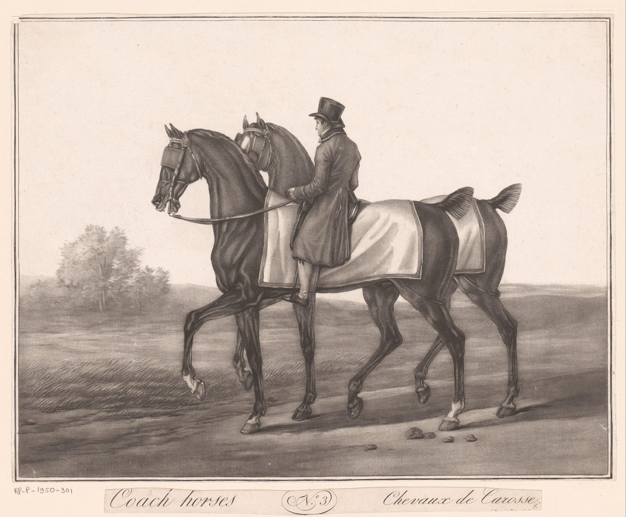 Jinete acompaña a dos caballos Chevaux de Carosse (título sobre objeto) de Jean Louis Darcis (attributed to)