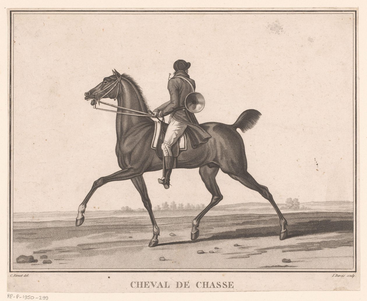 Jinete a caballo con cuerno de caza Cheval de Chasse (título sobre el objeto) Sujets de chevaux (título de la serie) de Jean Louis Darcis
