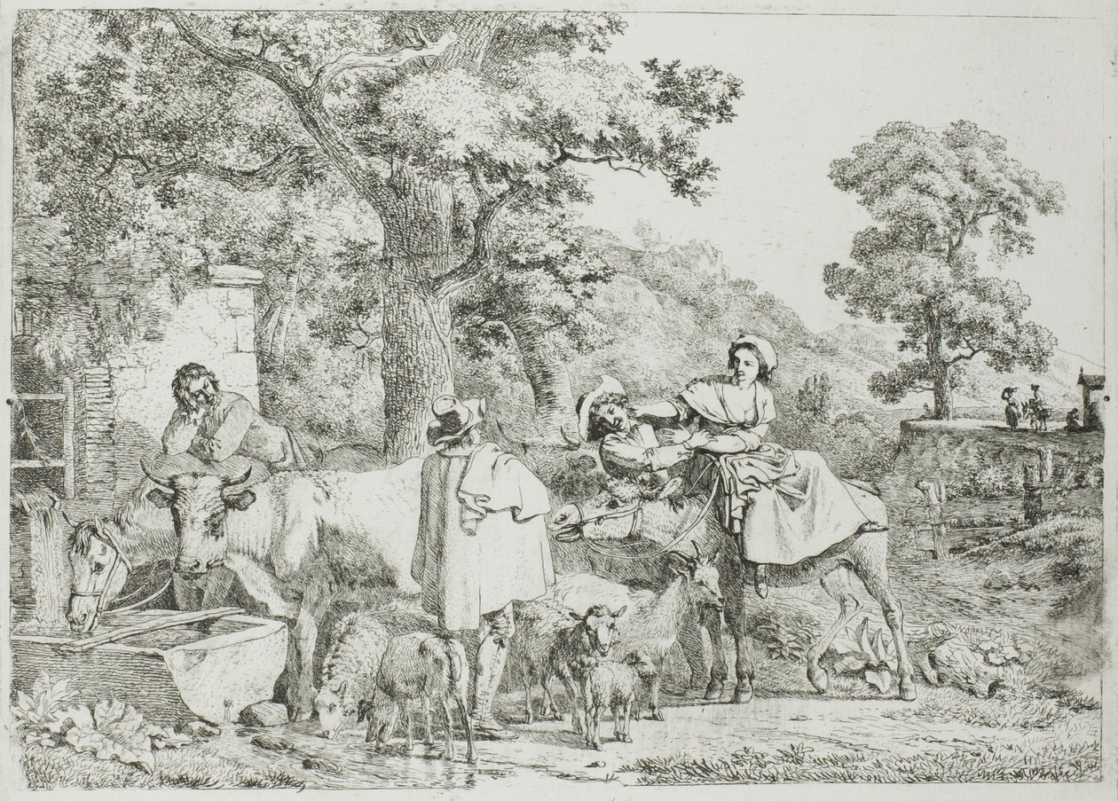 Vaca y caballo en el abrevadero de Jean Louis De Marne