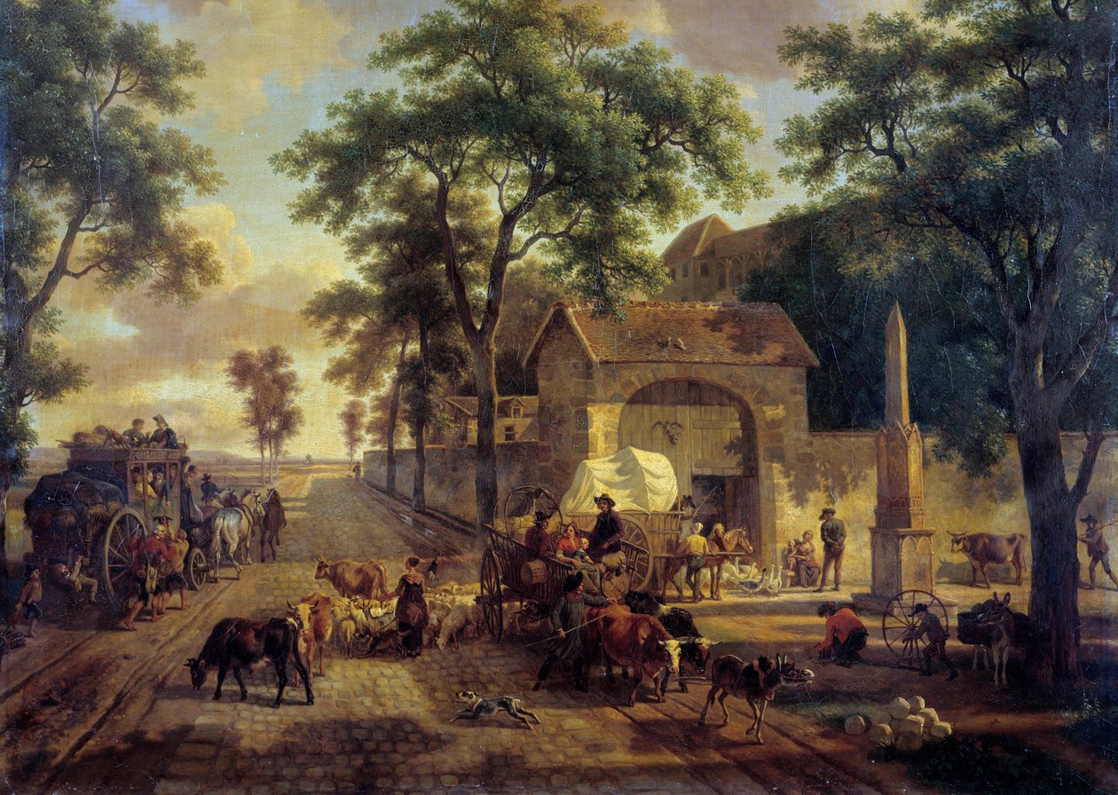 Un paisaje con camino, carro de campesinos, rebaños y pastores de Jean Louis Demarne