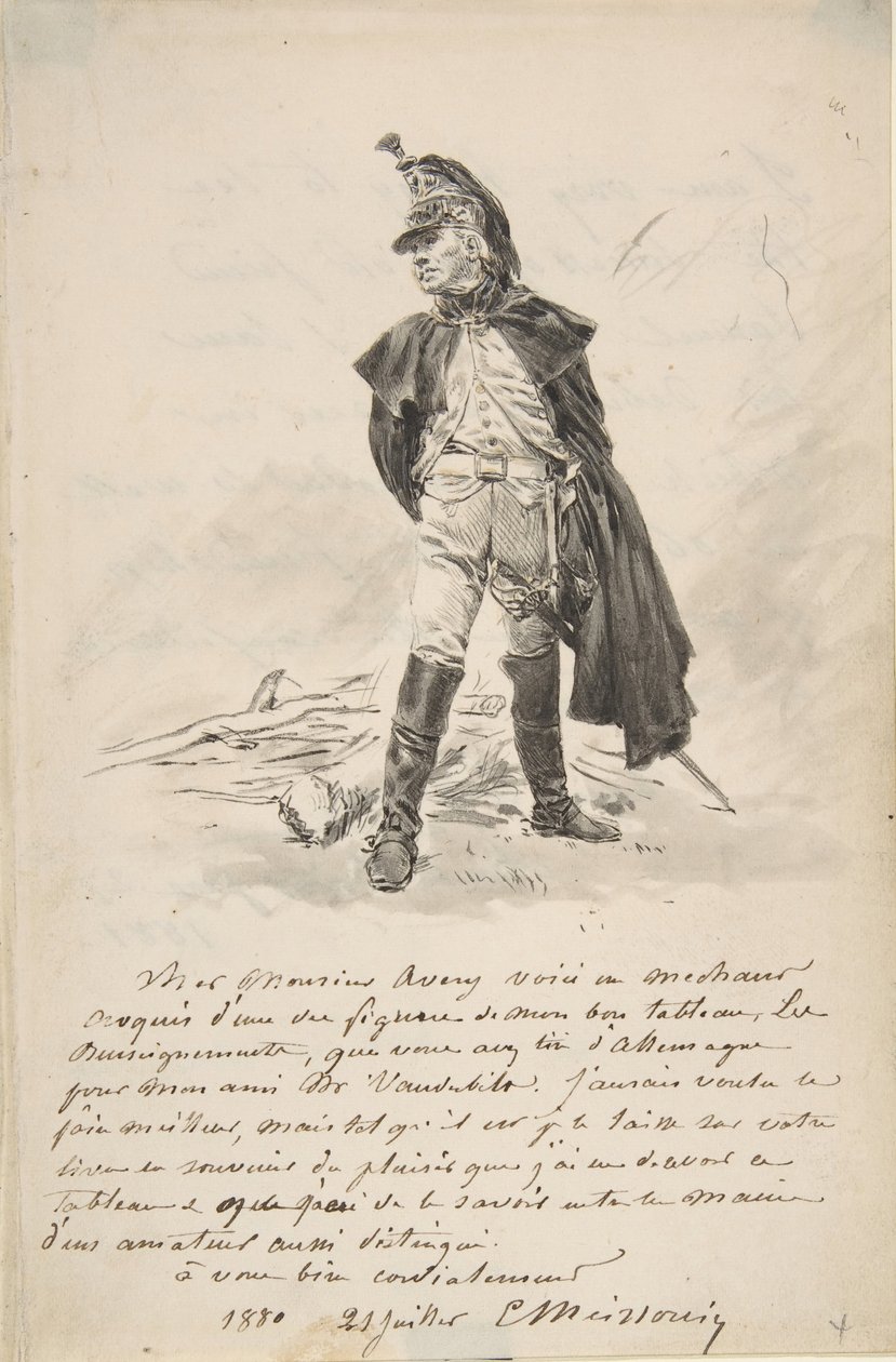 Carta a Samuel P. Avery con un dibujo de una figura militar, 1880 de Jean Louis Ernest Meissonier